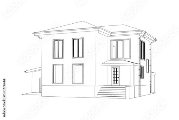 Obraz Vector wireframe perspective of luxury modern house exterior. 3D vector model of cottage isolated on white background.