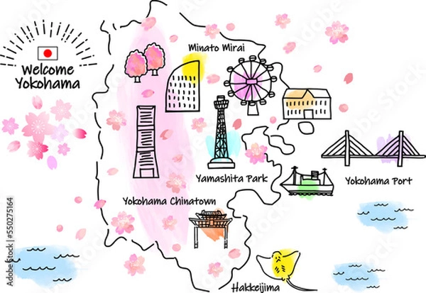 Fototapeta 春の横浜の観光地のシンプル線画イラストマップ（ピンク）