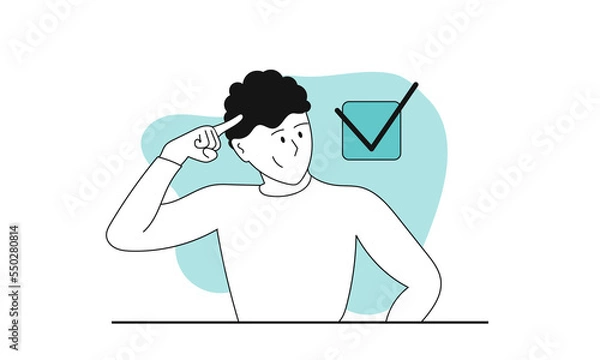 Fototapeta Man complete task vector illustration concept. Business success work and office goal. Character done report and finish check. Solution worker and employee planner time. Organization project