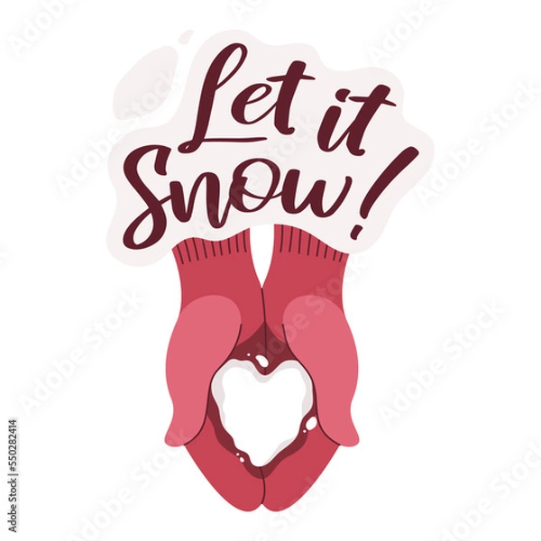 Fototapeta Snow heart in hands in mittens. Human hands in warm red gloves hold a snowball in the shape of a heart. Winter concept. The inscription "let it snow!". Postcard template 