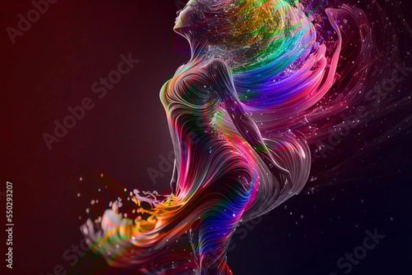 Fototapeta Generative AI illustration of an abstract silhouette of a woman shining in rainbow colors, infinite turbulence, fluorescent red colours comforting and relaxing design.