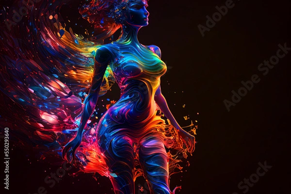 Fototapeta Generative ai illustration of an abstract silhouette of a woman shining in rainbow colors, infinite turbulence, fluorescent red colours comforting and relaxing design.