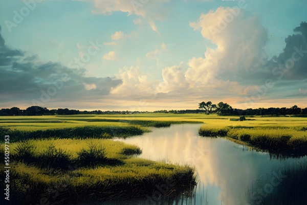 Fototapeta Swampy marshland. Palm trees. Tropical forest. 