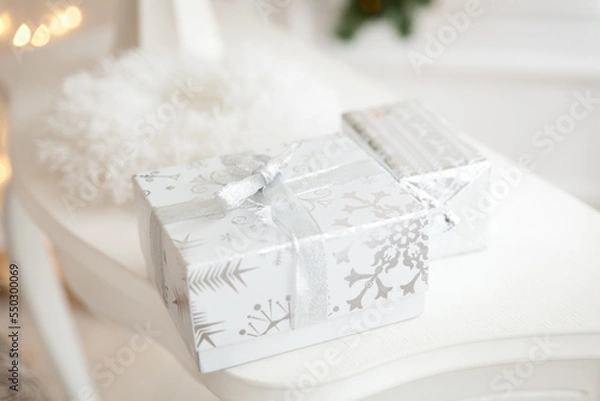 Obraz Christmas whaite and silver gift boxes