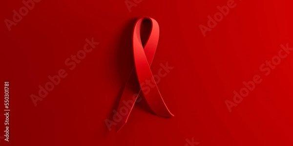 Fototapeta 3d rendering illustration Aids hiv Awareness, World Day concept with red ribbon heart shape, copy space text. Clean minimalistic red banner background