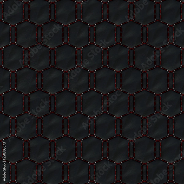 Obraz 黒革に六角形の赤色ステッチ模様