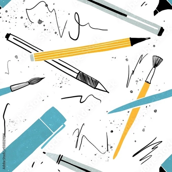 Fototapeta Seamless pattern. Drawing instrument. Artist's paintool, pencil, brush. Simple flat illustration 