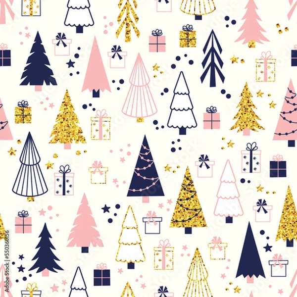 Fototapeta Vector Christmas pattern with fir trees and gifts