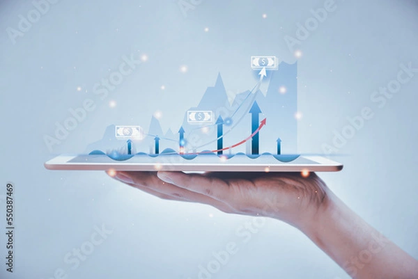 Fototapeta Development and growth concept on virtual interface from digital tablet.plan growth and increase of positive indicators in business.growth graph of business and analyzing financial and investment 