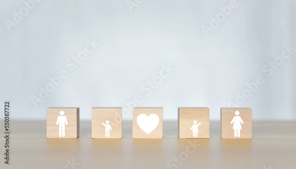 Obraz Wooden cube, family home,life insurance, adoption foster care, homeless support , mental health, homeschooling education, Autism support, parent day