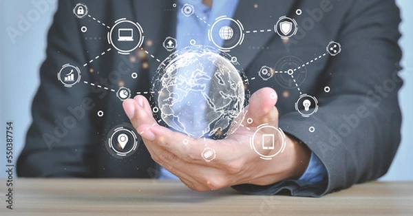 Fototapeta Digital transformation change management, new technology big data and business process strategy, internet of things. customer service management, cloud computing, smart industry. Ai technology