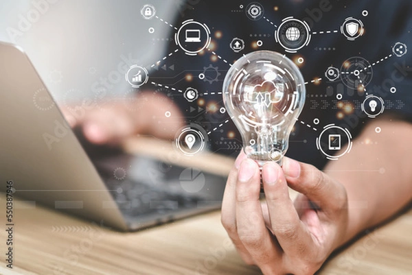 Fototapeta Digital transformation change management, new technology big data and business process strategy, internet of things. customer service management, cloud computing, smart industry. Ai technology