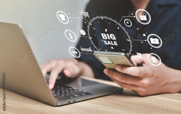Fototapeta Shopping online concept.consumer holding smartphone,doing online banking transaction. E commerce virtual shopping, secure mobile banking concept,Shopping Online Using Mobile Phone App