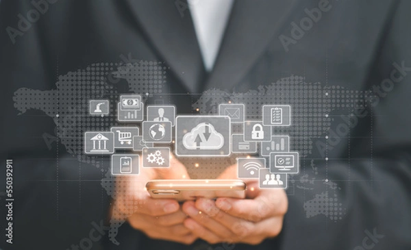 Fototapeta Digital transformation change the world, internet of things. new technology big data and business process strategy, customer service management, cloud computing, smart industry. Ai technology.