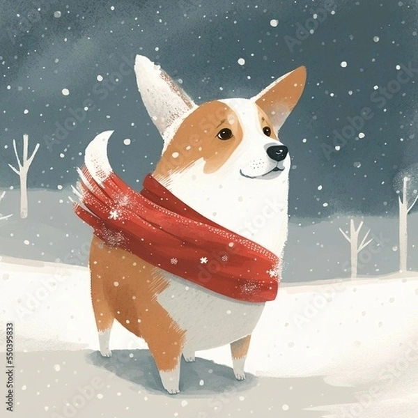 Fototapeta Corgi dog wearing red-white sequined Christmas scarf, in the snow