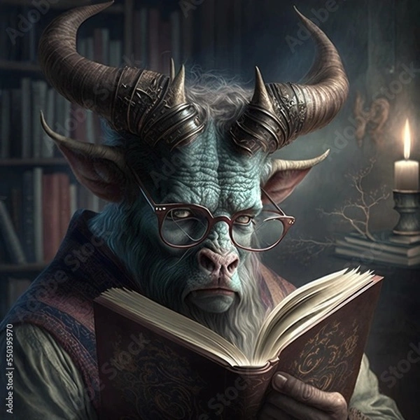 Fototapeta Demon with big horns and glasses reading in a magic book