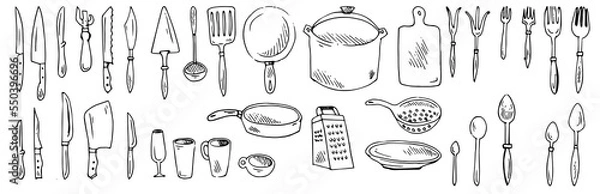 Fototapeta Kitchen tools for cooking. Set of dishes and pots. Accessories, knives and miscellaneous. Outline hand drawn sketch. Drawing with ink. Isolated on white background. Vector.