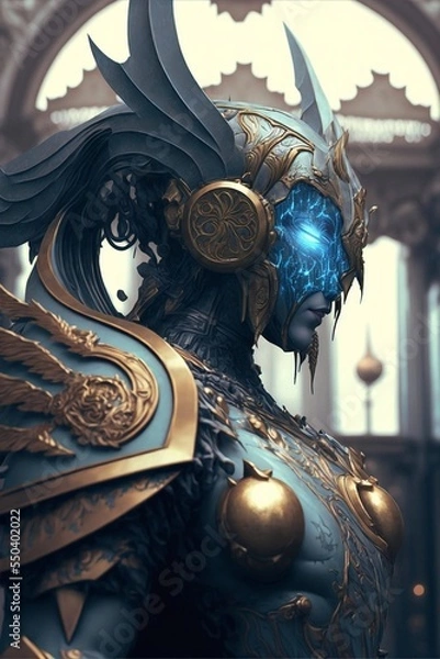 Fototapeta Epic seraph cyborg in a gold and light blue armor