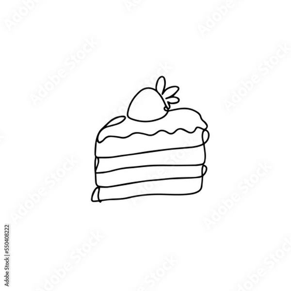 Obraz Single continuous line drawing of stylized cut sliced cake with strawberry fruit topping art. Sweet pastry concept. Modern one line draw design vector graphic illustration for cake shop logo