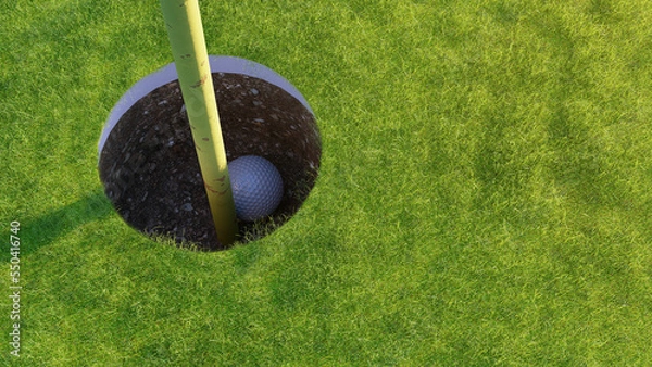Fototapeta 3d illustration of a golf ball in a golf hole with a flag. An image about hole in one.  
