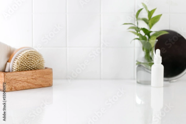 Fototapeta Background for product presentation for cosmetic, mock up. Tile, white cosmetic table with mirror.and accessories. Bathroom view.