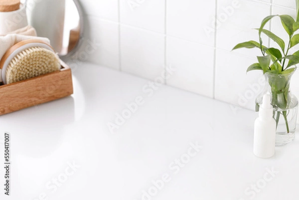 Fototapeta Background for product presentation for cosmetic, mock up. Tile, white cosmetic table with mirror.and accessories. Bathroom view.