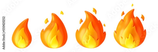 Fototapeta 3d fire flame icons set with burning red hot sparks isolated on white background. Render sprite of fire emoji, energy and power concept. 3d cartoon simple vector illustration.