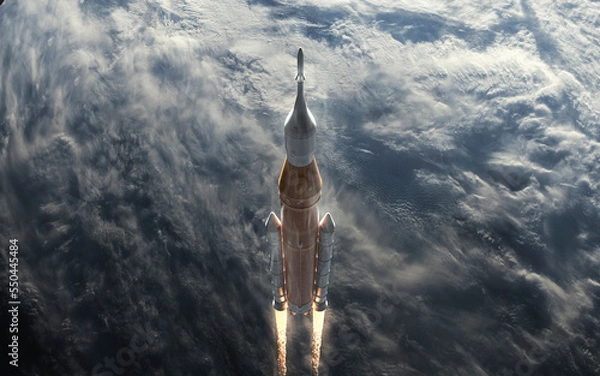 Obraz 3D illustration of Artemis mission take of from Earth. SLS rocket. People landing Moon surface. Elements of this image furnished by NASA