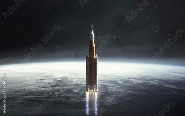 Obraz 3D illustration of Artemis mission take of from Earth. SLS rocket. People landing Moon surface. Elements of this image furnished by NASA