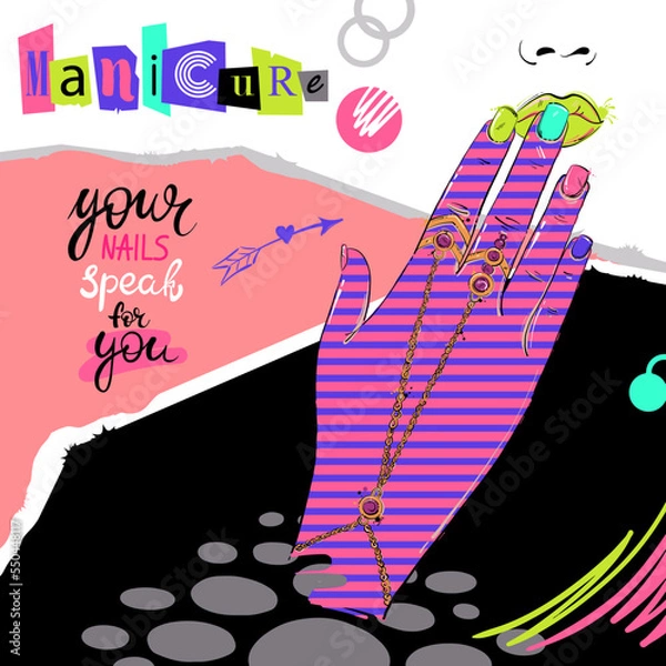 Fototapeta Vector abstract fashion illustration of a female hand with jewelry. Manicure. Beauty saloon