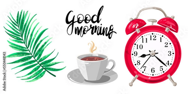 Obraz Vector abstract illustration. Set with red alarm clock, coffee cup, palm leaf and lettering. Good morning.
