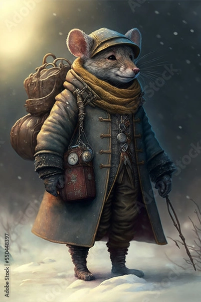 Fototapeta Tiny mouse adventurer, winter warrior