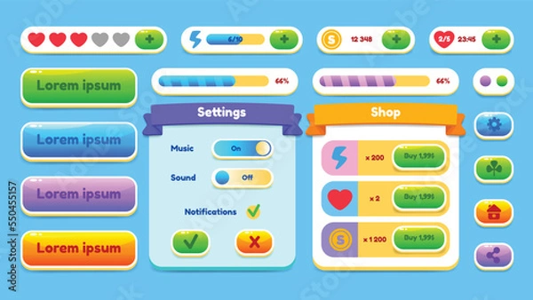 Fototapeta GUI Kit casual Assets for a game mobile phone, a set of elements for the game interface - vector UI objects. Set of user interface elements and pop-ups. Vector.