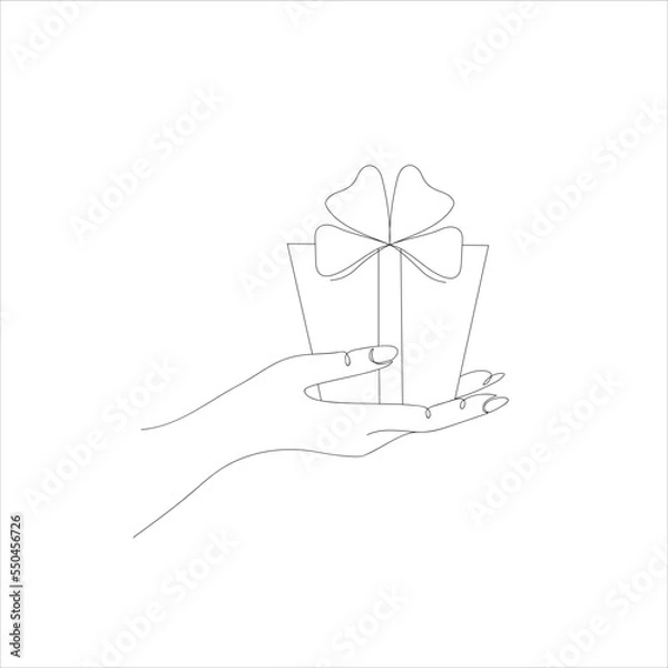 Fototapeta Presenting a gift drawn one line. Sketch. Continuous line drawing female hand with gift box. For Christmas, birthday, valentine, giveaway. Vector illustration in doodle style.