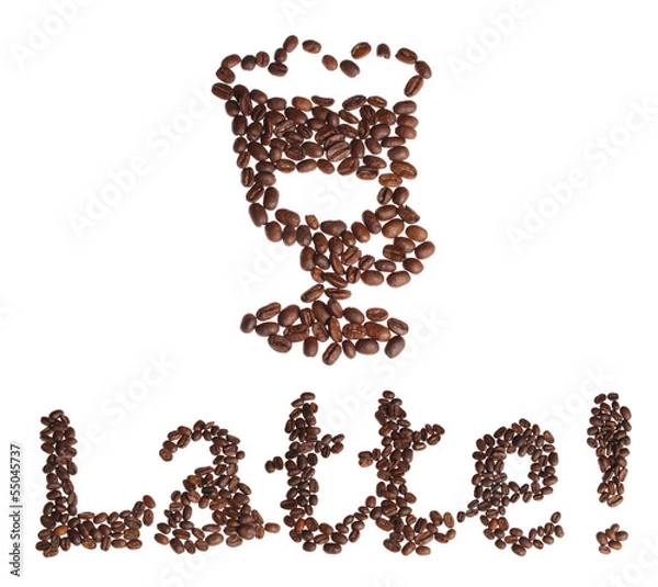 Fototapeta Cup of latte with text, isolated on white with copy space