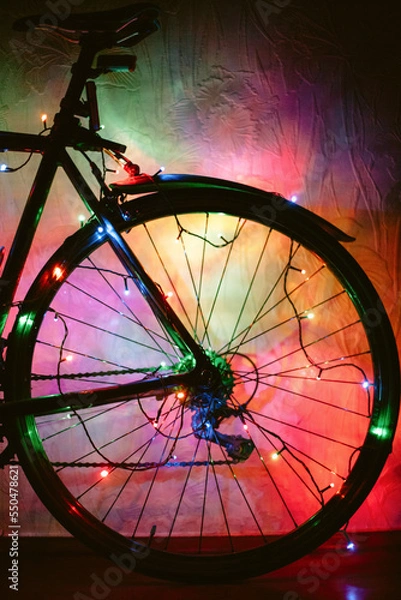 Fototapeta Bicycle decorated with Christmas lights