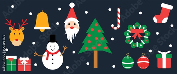 Fototapeta Set of winter vibrant christmas element vector illustration. Collection of christmas tree, wreath, bauble ball, sock, santa, bell, snowman. Design for sticker, card, poster, invitation, greeting.