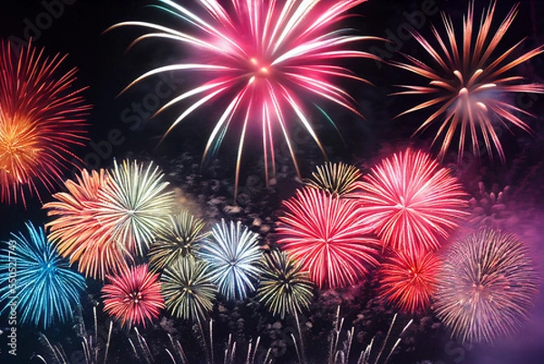 Fototapeta Beautiful fireworks in the new year festival background with free space for text.