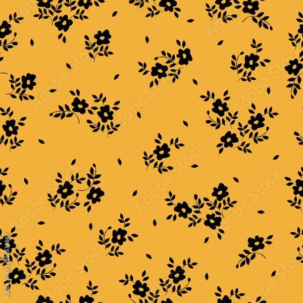 Fototapeta Cute floral pattern. Seamless vector texture. An elegant template for fashionable prints. Print with small black flowers and leaves. orange background.