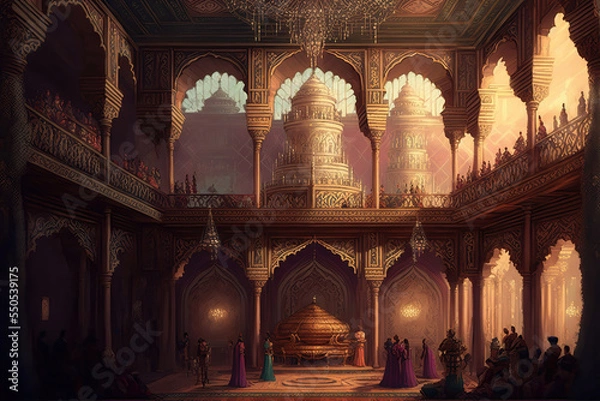 Fototapeta AI generated image depicting the throne room and court of an ancient Indian king, with ministers and courtiers in attendance. Durbar hall.	
