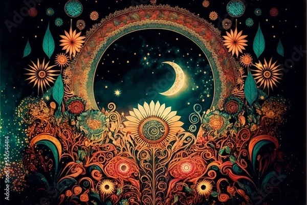 Fototapeta Bohemian (boho) background with circle, flowers, and crescent moon, generative art 