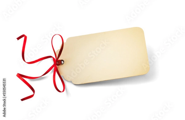 Fototapeta card note chirstmas celebration greeting or holidays gift or price tag with ribbon bow; isolated on transperent background