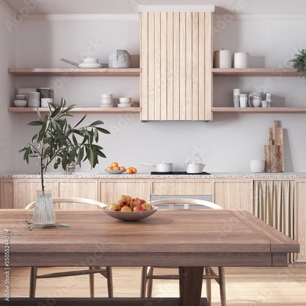 Fototapeta Bleached wooden rustic kitchen and dining room in white and beige tones. Cabinets and table with chair. Parquet floor. Farmhouse interior design