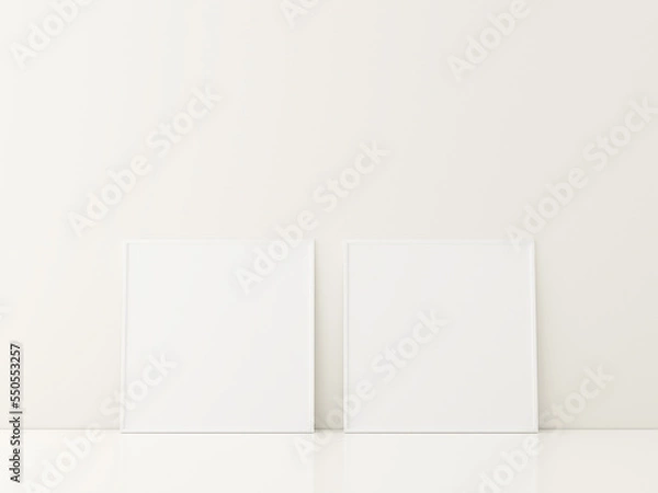 Fototapeta Frame with poster mockup standing on the white floor. minimalist frame mockup. 3d rendering