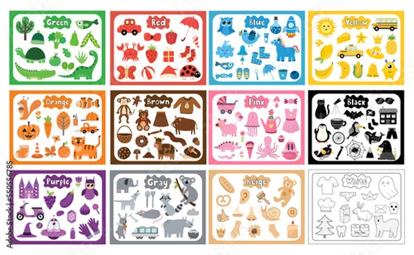 Fototapeta Color objects bundle. Primary colors big collection with flash cards in cartoon style. Green, red, blue, yellow and other elements for creating worksheets. Vector illustration