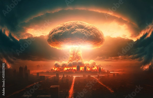 Fototapeta A nuclear explosion in the center of the metropolis. The beginning of apocalepsis. Realistic digital illustration. Fantastic Background. Concept Art. CG Artwork.