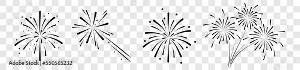 Fototapeta Set of firework icons.Fireworks with stars and sparks isolated on white background.Firework simple black line icons isolated on transparent background