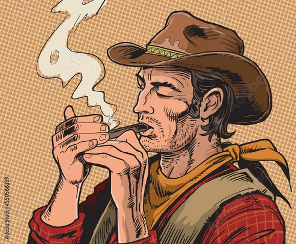 Obraz Cowboy lighting a cigarette. Vector illustration