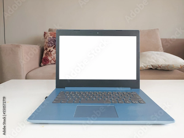 Obraz Mockup image, white blank screen laptop computer on the front display in modern home space. mockup laptop