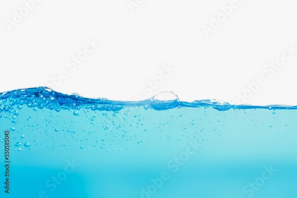 Fototapeta Light blue water splash with air bubbles isolated on clean white background, wave motion.
